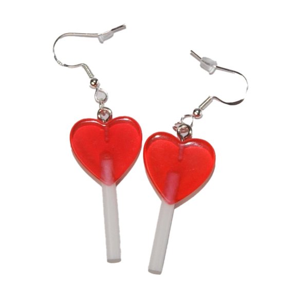 3=$25 Lollipop Heart Earrings Red Clear Resin Lightweight Hypoallergenic 925 - Picture 1 of 4